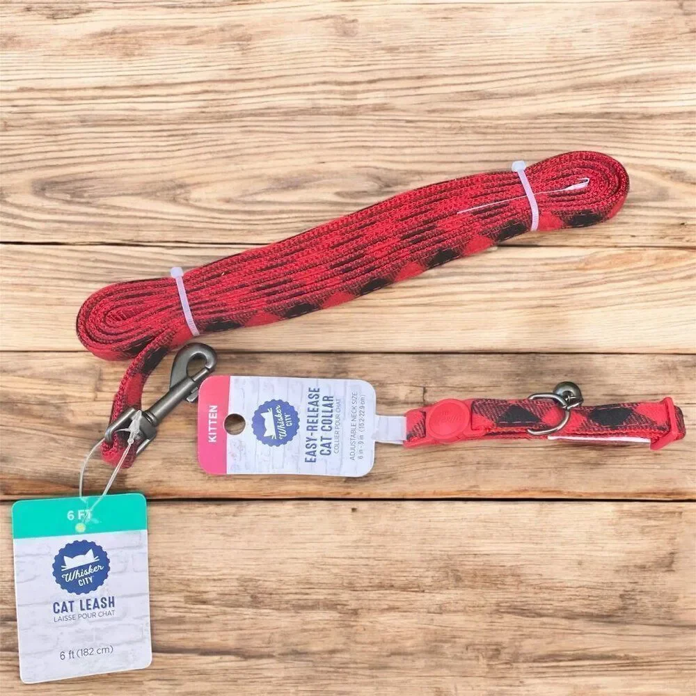 NWT New Whisker City Pet Cat/Kitten Collar & Leash Red/Black Flannel Design